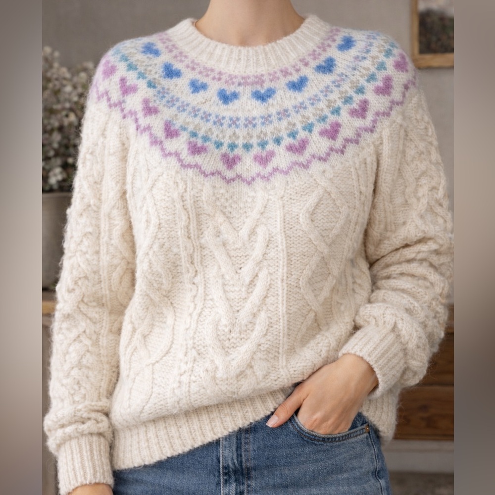 Vintage 90s Fair Isle Heart Wool Mohair Sweater M